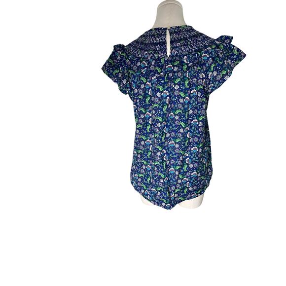 LOFT Blue Floral Smocked Flutter Sleeve Blouse Women’s M Cotton Boho - Picture 4 of 8